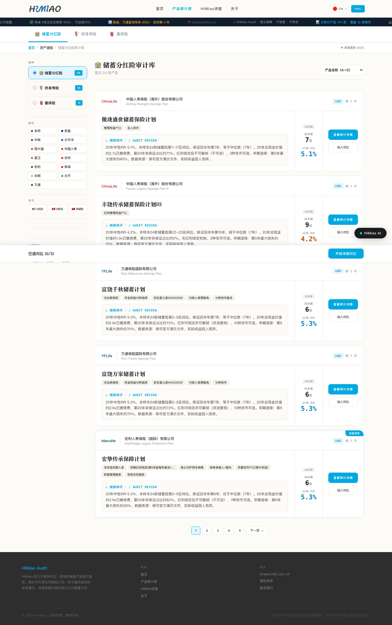 产品审计库列表，按保司/货币筛选，统一20年中性IRR对比